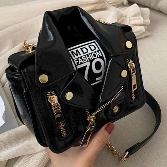 Adorable & Unique Black & Gold Motorcycle Jacket Bag! - Picture 5 of 16